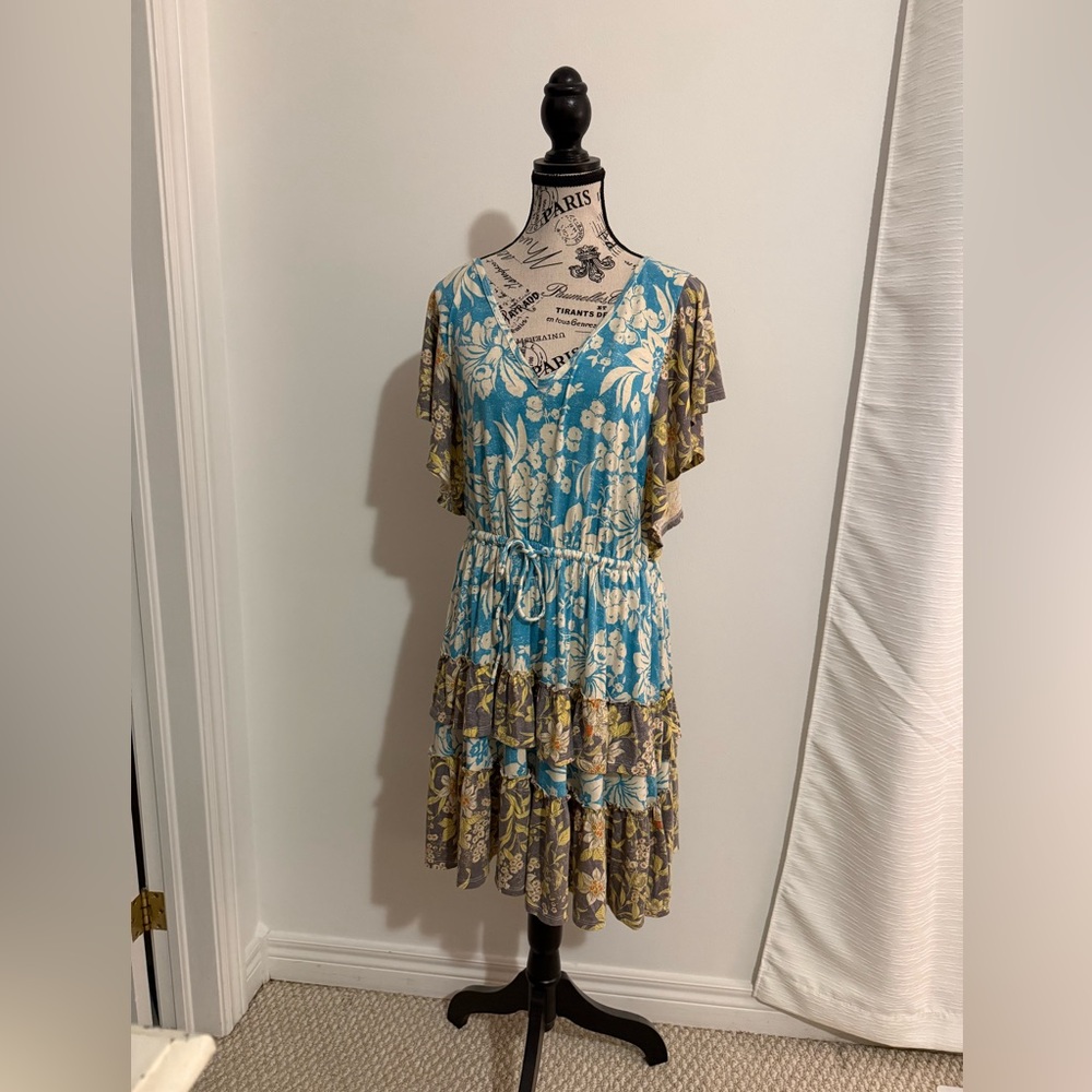 Anthropologie Floral Blue and Brown Midi Dress